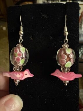 Hand Crafted Pink Floral Glass Carved Bird Drop Earrings
